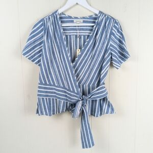 Max Studio Striped Blue Wrap Top S V-Neck Short Sleeve Cotton Linen Blend Blouse